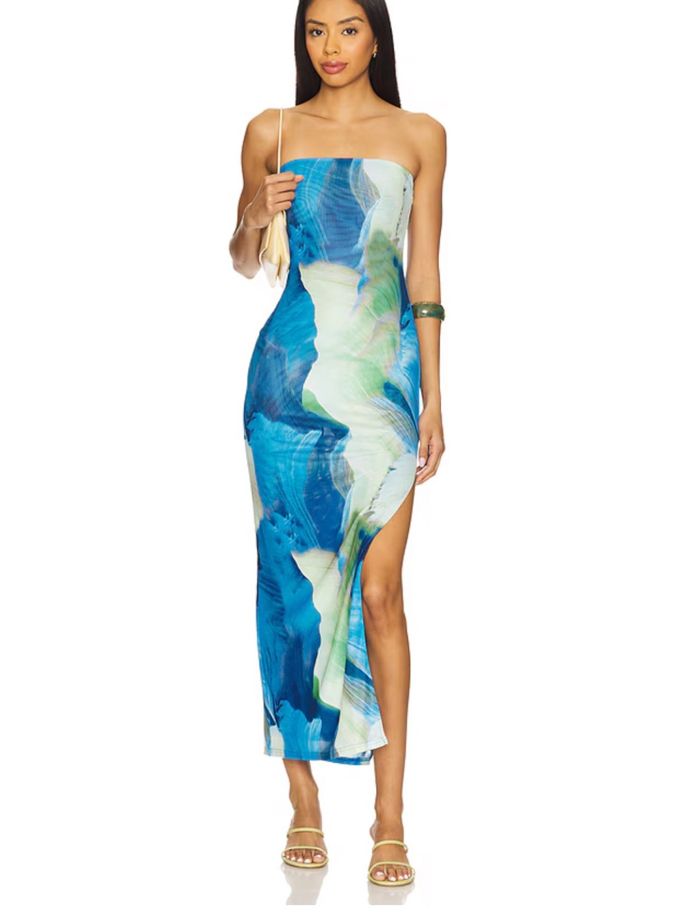 NEW Strapless Blue & Green Marble Midi Dress